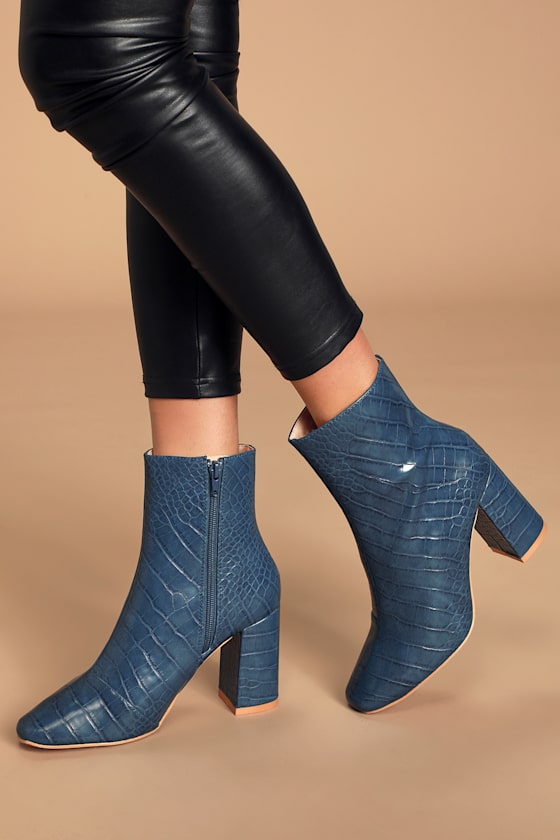 My Generation Navy Crocodile High Heel Mid-Calf Boots 5