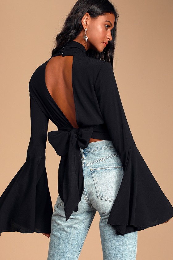 Sexy Black Top - Bell Sleeve Top - Backless Top - Mock Neck Top - Lulus