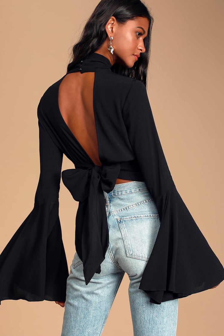 Drama Queen Black Backless Bell Sleeve Top