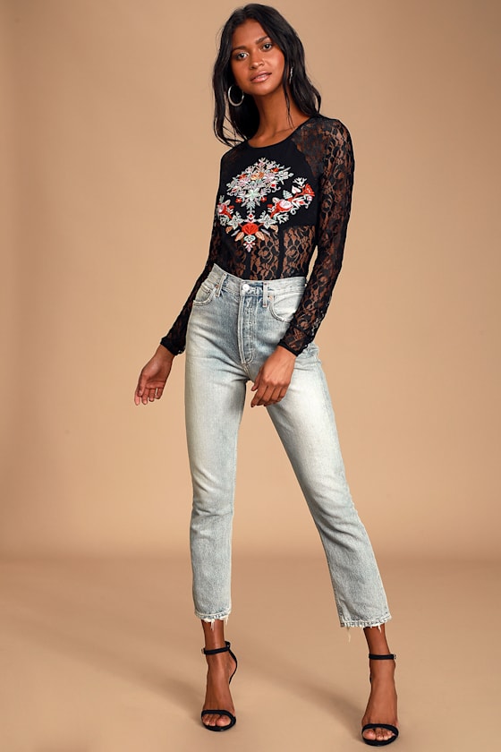 Embry Black Multi Embroidered Long Sleeve Bodysuit 1