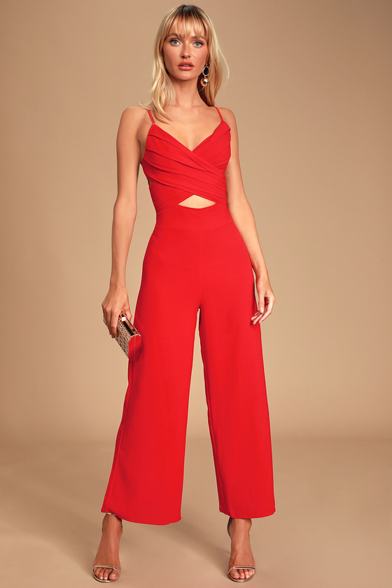 So Ladylike Red Surplice Cutout Jumpsuit