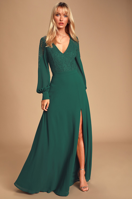 Lovely Forest Green Dress - Lace Maxi Dress - Long Sleeve Dress - Lulus