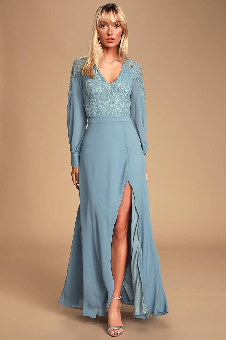 Lovely Slate Blue Dress - Lace Maxi Dress - Long Sleeve Dress - Lulus