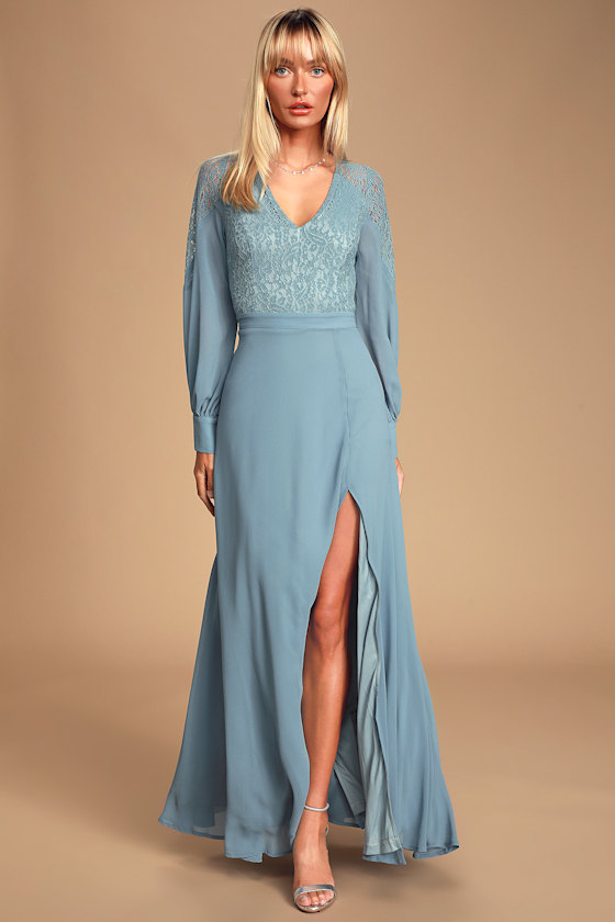 Astra Slate Blue Lace Long Sleeve Backless Maxi Dress 1