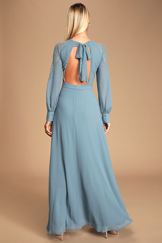 Lovely Slate Blue Dress Lace Maxi Dress Long Sleeve Dress