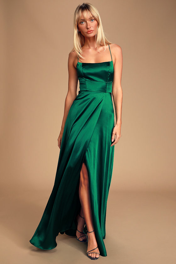 Althea Forest Green Satin Lace-Up Maxi Dress 2