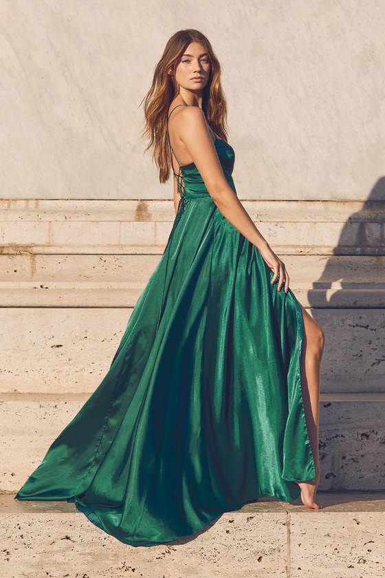 Althea Forest Green Satin Lace-Up Maxi Dress