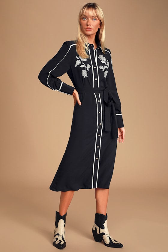 Nathalia Black and White Embroidered Long Sleeve Shirt Dress 1