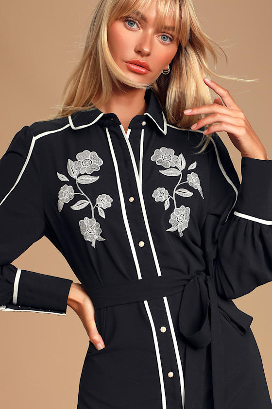 Nathalia Black and White Embroidered Long Sleeve Shirt Dress 2