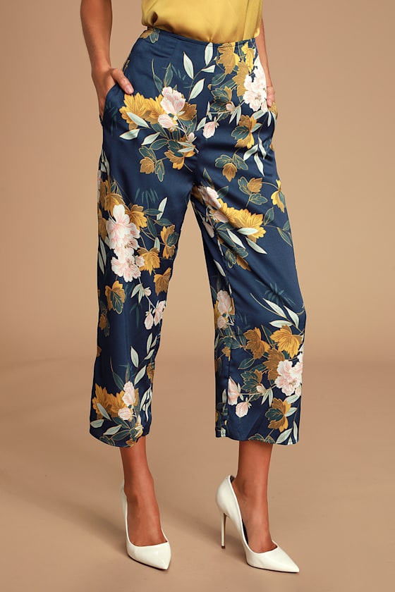 Cute Navy Blue Pants Floral Print Pants Satin WideLeg Pants Lulus