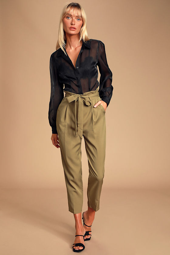 With Confidence Olive Green Paper Bag Waist Pants 1
