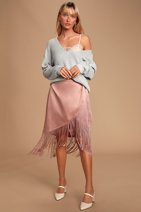 Nostalgic Vibes Mauve Satin Fringe Midi Wrap Skirt 1