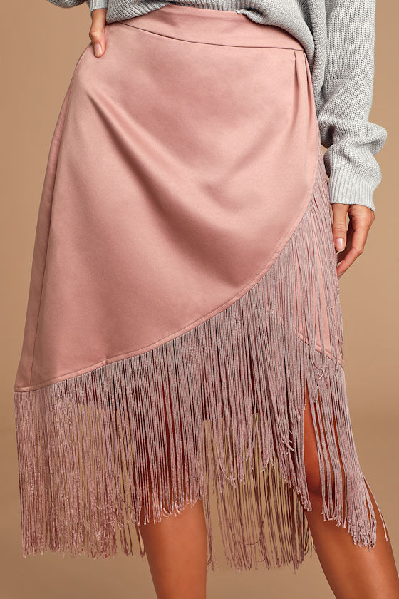 Nostalgic Vibes Mauve Satin Fringe Midi Wrap Skirt 3