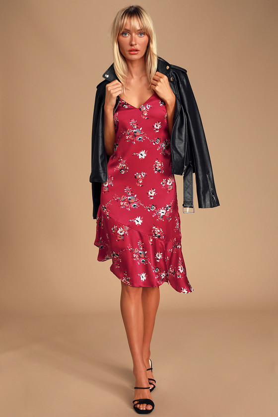 Red floral satin hot sale dress
