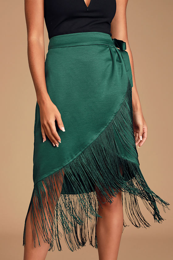 Nostalgic Vibes Emerald Green Satin Fringe Midi Wrap Skirt 2