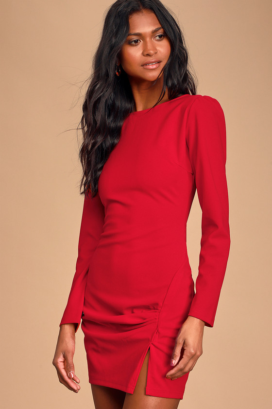 Red Long Sleeve Ruched Bodycon Mini Dress