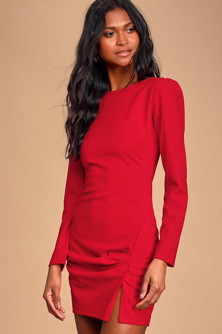 Sexy Red Dress - Long Sleeve Bodycon Dress - Red Bodycon Dress