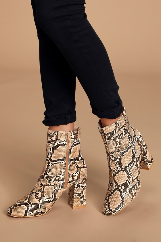 Stylish Tan Boots - Snake Print Booties 