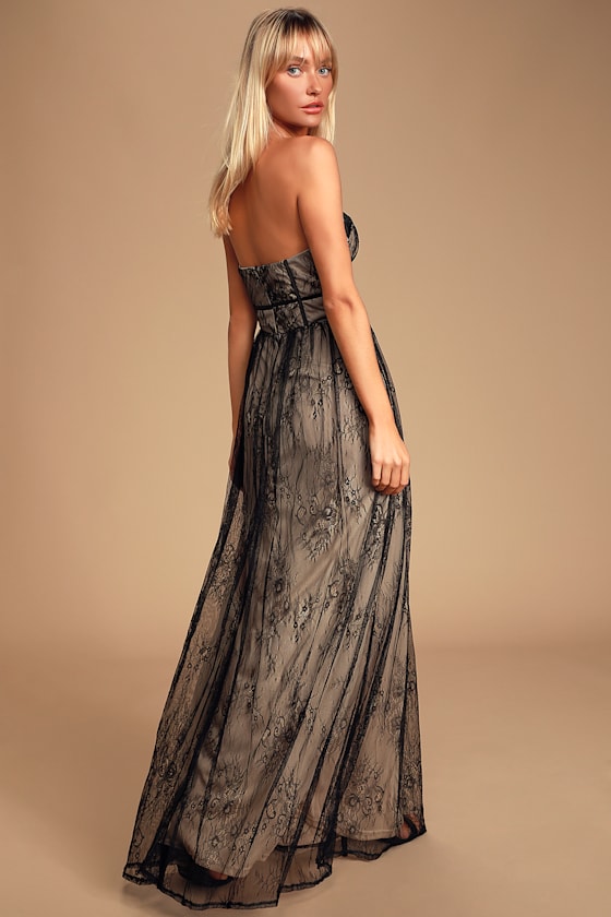 Amorous Attitude Black Lace Bustier Strapless Maxi Dress 2