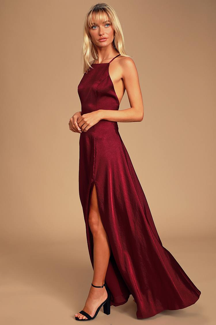 rare beauty burgundy backless maxi dress Francoise | Berry Cowl Neck Backless Maxi Dress With Lace Insert main image 1