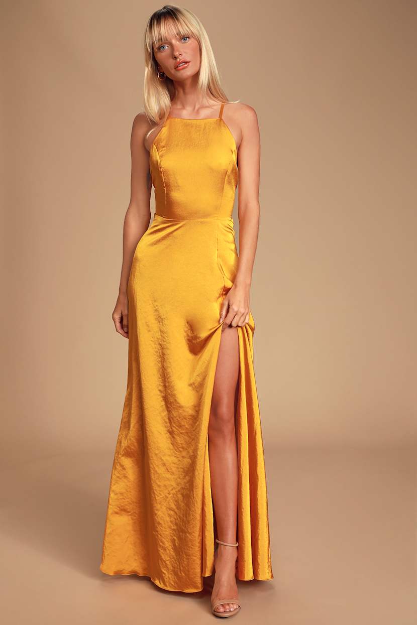 Glam Yellow Maxi - Satin Maxi Dress - Backless Yellow Maxi Dress - Lulus Glam Yellow Maxi - Satin Maxi Dress - Backless Yellow Maxi Dress - Lulus