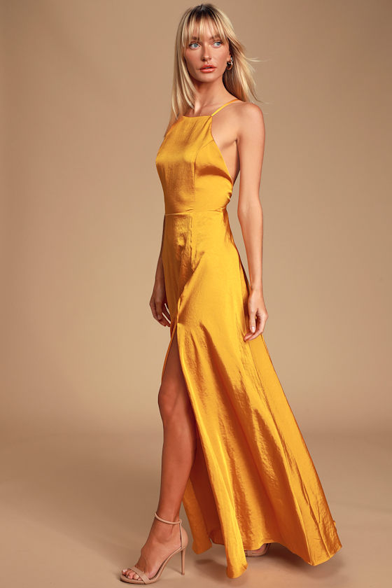 Total Beauty Golden Yellow Satin Backless Maxi Dress 2