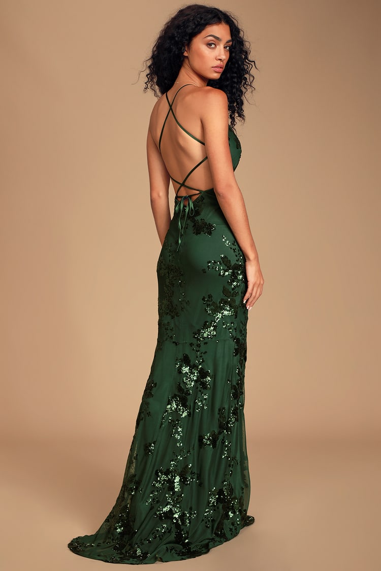 Lovely Forest Green Dress - Maxi Dress - Lace-Up Sequin Dress - Lulus