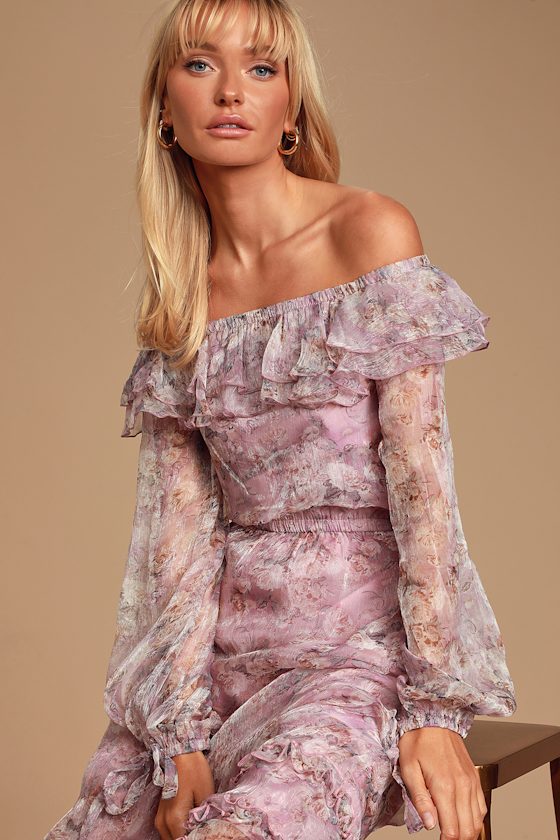 Fairy Tale Fleur Lavender Long Sleeve Off-the-Shoulder Dress 3