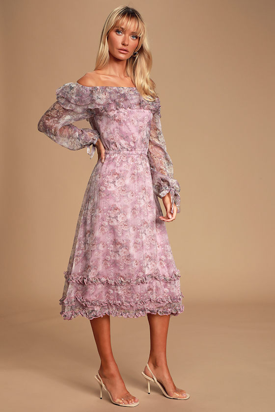 Fairy Tale Fleur Lavender Floral Print Off-the-Shoulder Dress