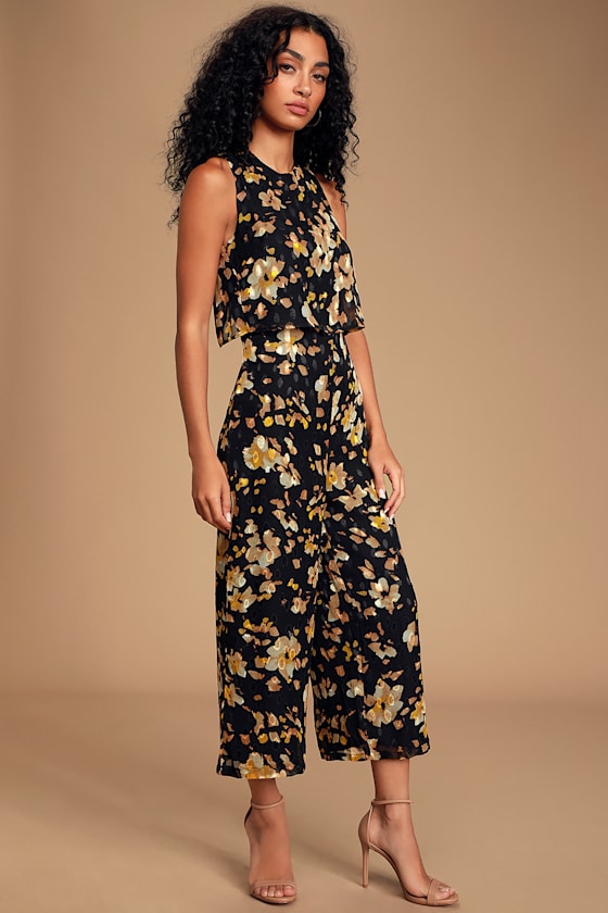 Black Floral Print Jumpsuit - Culotte 