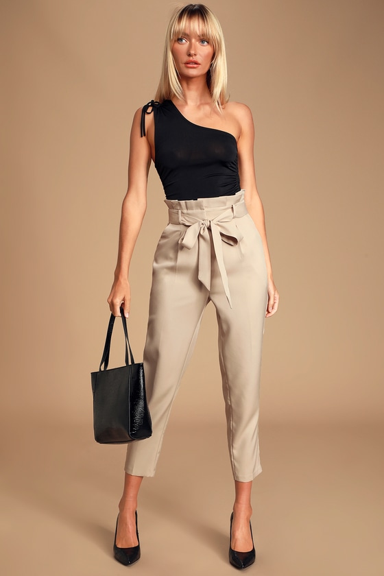 Stone Wide Leg Paperbag Trousers  New Look