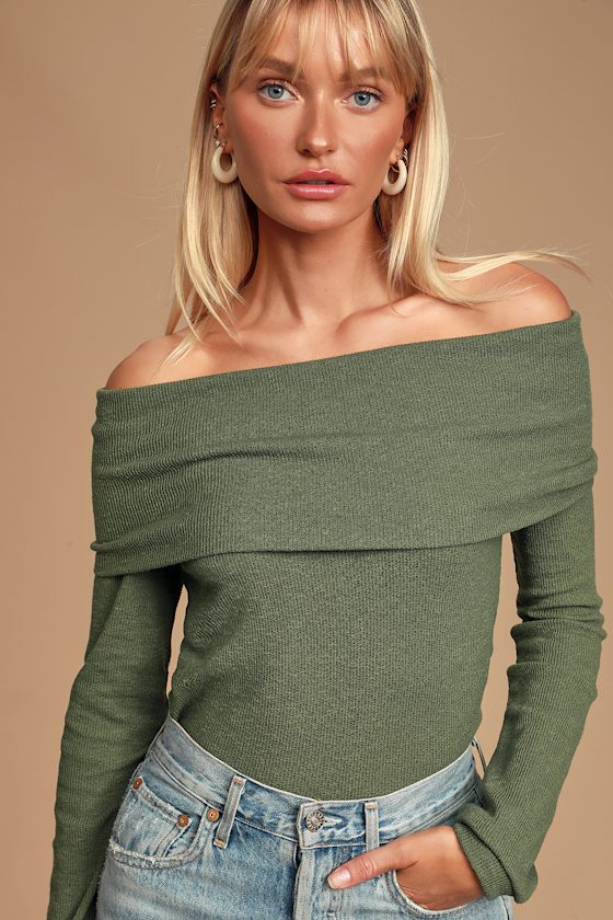 Austra Olive Green Off-the-Shoulder Knit Sweater Top 3