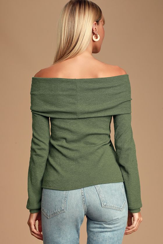 Austra Olive Green Off-the-Shoulder Knit Sweater Top 4