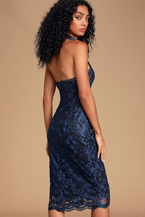 Pretty Navy Blue Dress - Lace Midi Dress - Halter Midi Dress - Lulus