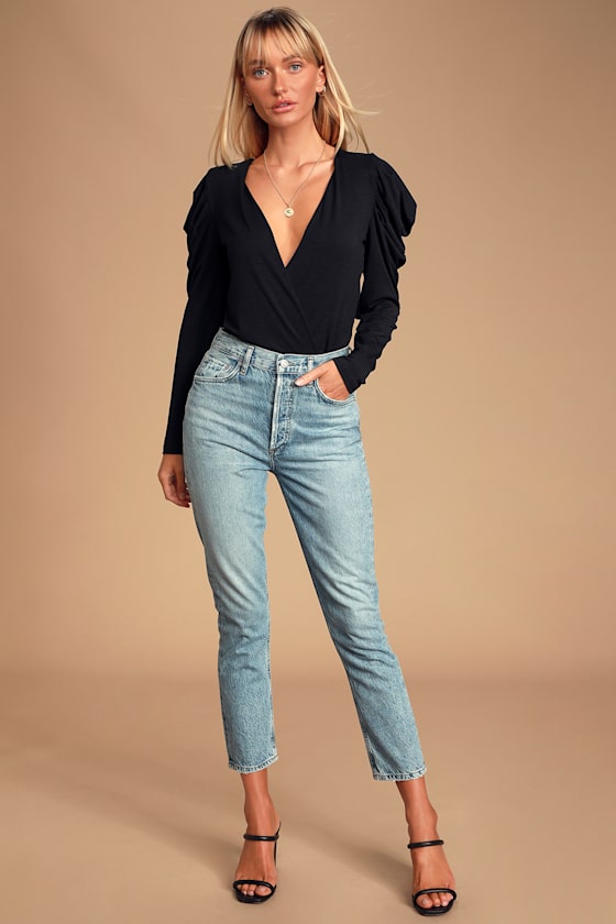 Drumroll, Please! Black Long Sleeve Surplice Bodysuit 1