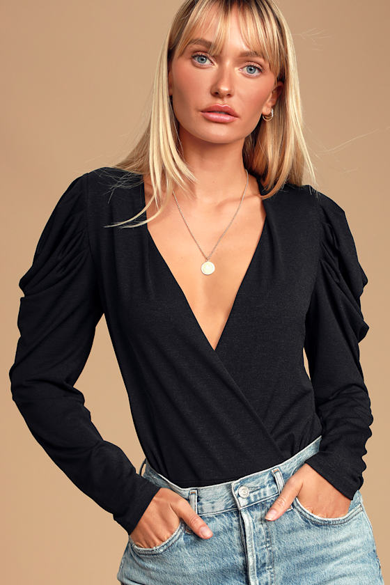 Drumroll, Please! Black Long Sleeve Surplice Bodysuit 2