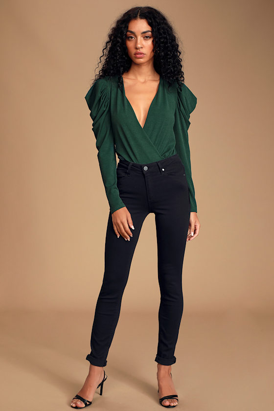 Drumroll, Please! Forest Green Long Sleeve Surplice Bodysuit 1