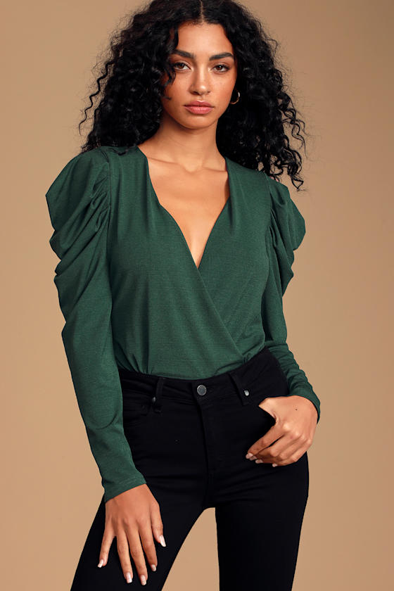 Chic Green Bodysuit Long Sleeve Bodysuit Surplice Bodysuit Lulus