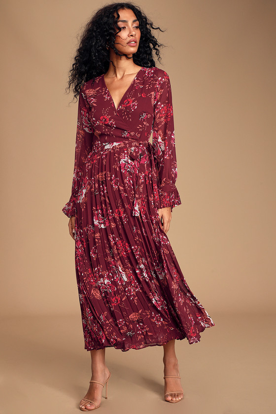 Khari Burgundy Floral Print Pleated Wrap Maxi Dress - Lulus