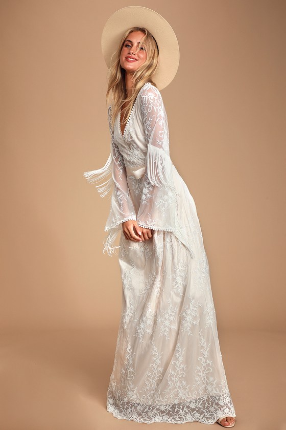 white lace fringe dress