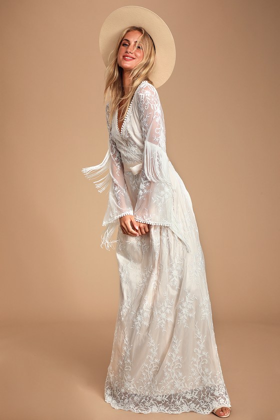 white long sleeve fringe dress