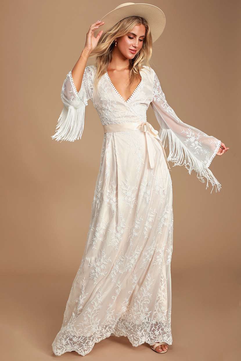 chinese dress ladies White Fringe Cut Out Lace Up Back Long Sleeves Dress