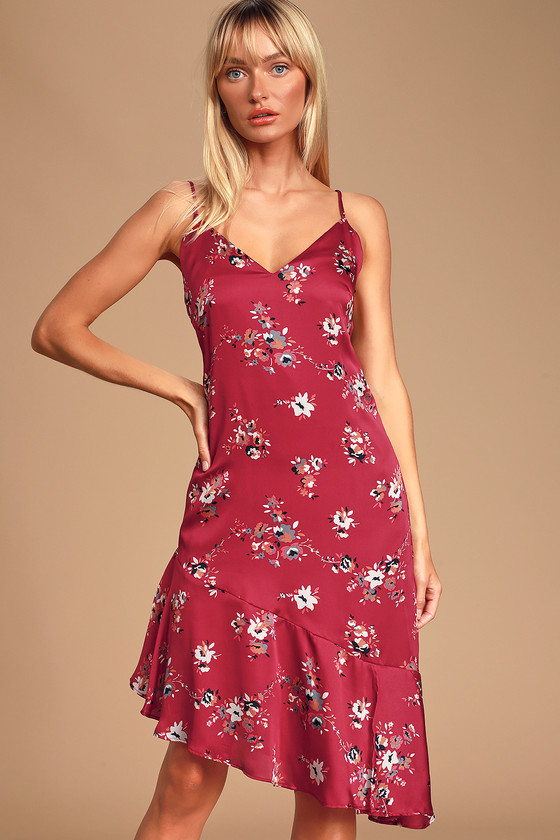 red satin floral dress