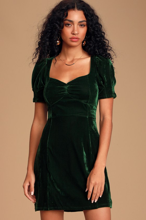 One Last Kiss Emerald Green Velvet Puff Sleeve Mini Dress
