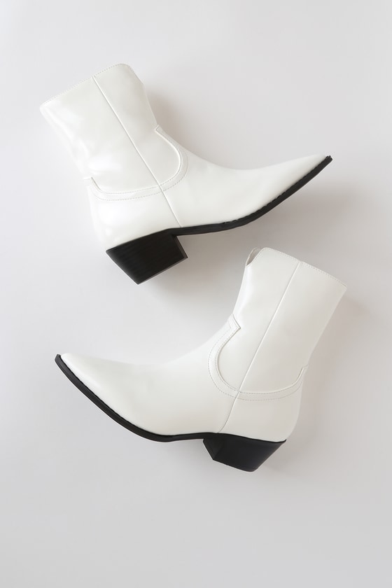 Remington White Patent Pointed-Toe Mid-Calf High Heel Boots