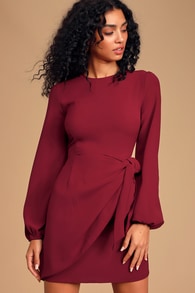 Believe It or Knot Wine Red Long Sleeve Tie-Front Skater Dress