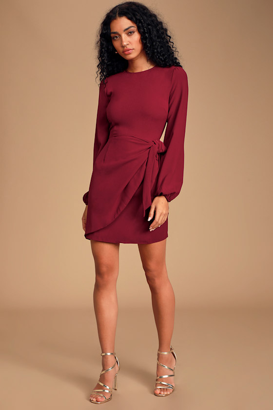 Believe It or Knot Wine Red Long Sleeve Tie-Front Skater Dress 1