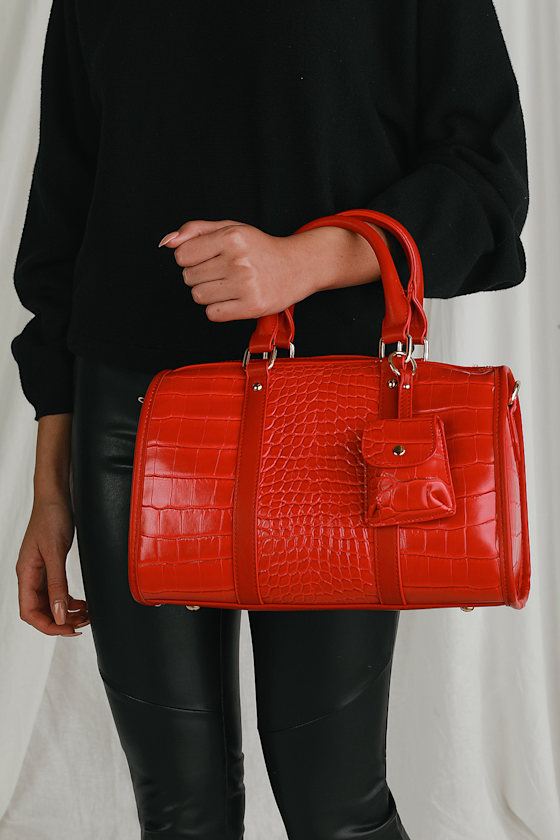 Get the Bag Red Crocodile Embossed Vegan Leather Mini Duffle Bag 7