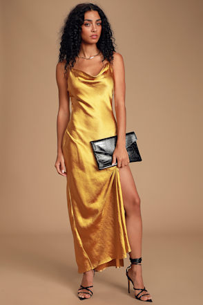 Winning Look Gold Satin Cowl Neck Maxi Slip Dress