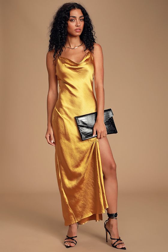 Winning Look Gold Satin Cowl Neck Midi Slip Dress 2